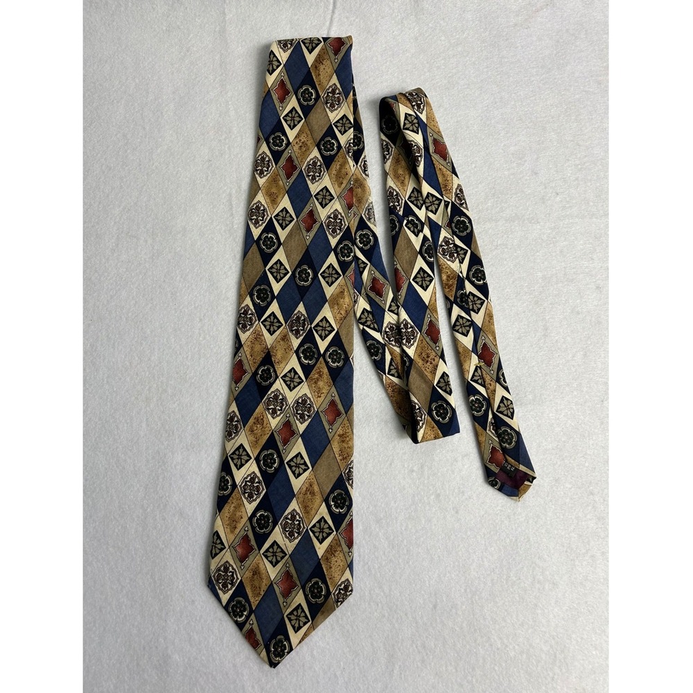 Vintage Dark Academia Stuart Hughes Mens OS Blue Tan Silk Diamond Medallion Tie